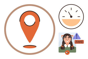 Location pin with shadow, speed gauge, and AI detecting fake media with a warning icon. Ideal for navigation, speed monitoring, technology, AI ethics, digital media fake news modern tools. Simple