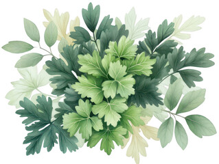 Fototapeta premium Arrangement of green leaves and foliage watercolor style with various shapes and hues isolate