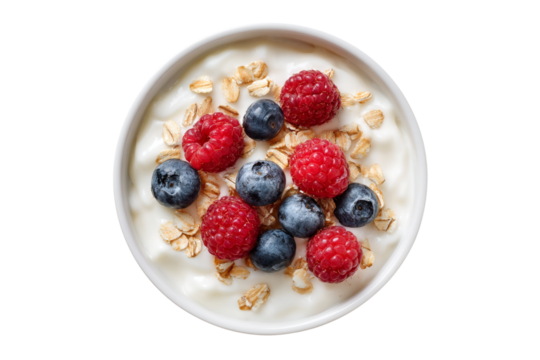 Healthy yogurt bowl with fresh berries and granola isolated on transparent background