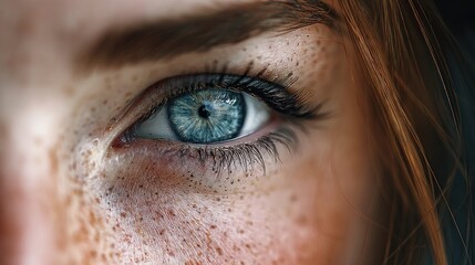 Obraz premium Captivating Gaze: A Close-Up of a Woman's Freckled Face and Striking Blue Eye