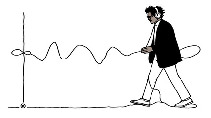 A man in a suit is walking with a cord in his hand