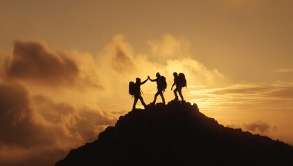 Hikers summit at golden sunrise