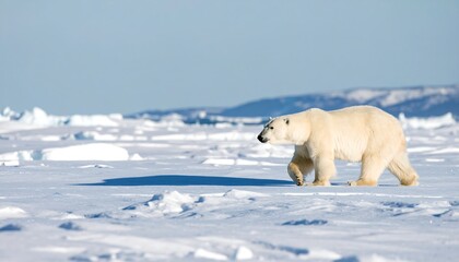 Naklejka premium Polar bear walks on snow.