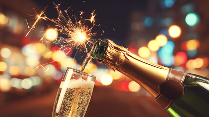 A bottle of champagne is poured into a glass, with a sparkler in the bottle