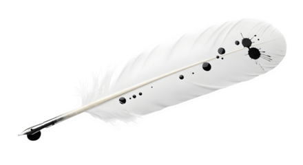 A white quill feather with ink drops, isolated on transparent background, evokes a sense of vintage elegance and the art of calligraphy