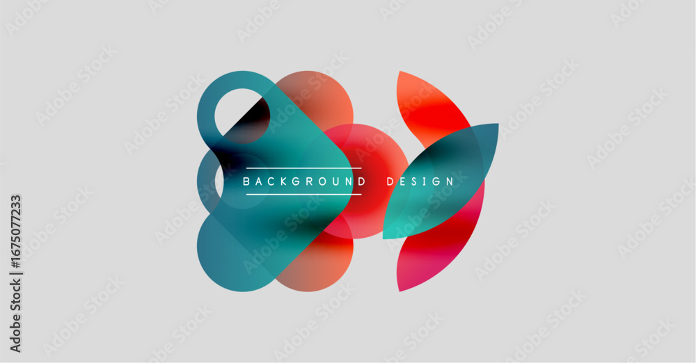 Poster abstract colorful shapes overlap, creating dynamic visual effect. light gray background provides cle