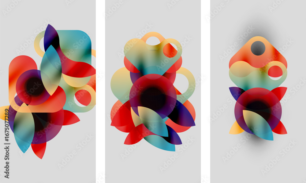 Poster abstract artwork. three panels display colorful overlapping shapes, gradients, soft edges. modern de