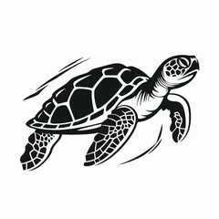 Obraz premium Graceful sea turtle swimming in monochrome black and white vector silhouette