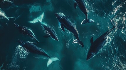 Fototapeta premium Drone perspective of a whale pod in deep blue ocean