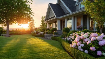 Naklejka premium Home at sunset, lush landscaping