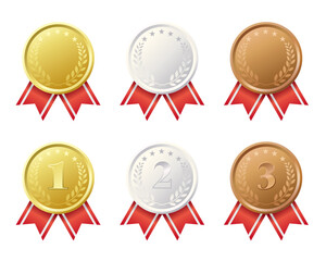 金銀銅のメダルのイラストセット。赤いリボンの装飾。白背景にベクターイラスト。