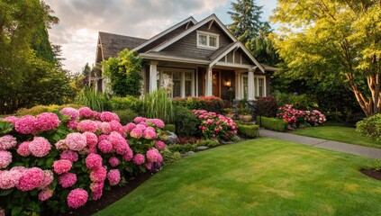 Home with lush pink hydrangeas