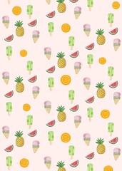 Seamless Summer Pattern with Fruits and Ice Cream – Watermelon, Pineapple, Orange, Popsicle