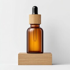 Amber glass dropper bottle on light wood pedestal