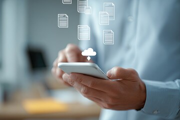 Person uploads documents to cloud via smartphone