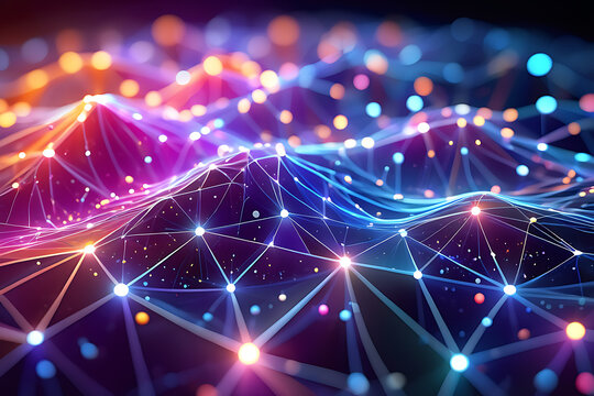 Illuminated Networked Digital Landscape of Abstract Connectivity and Data Flow in Vibrant Futuristic Colors
