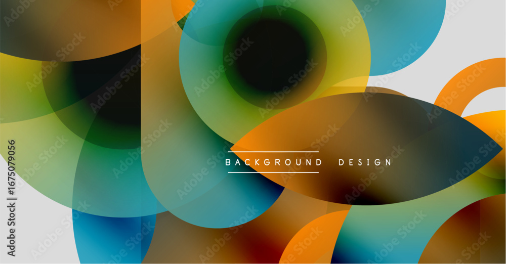 Poster abstract colorful circles overlap creating dynamic modern design. gradient hues blend, forming visua