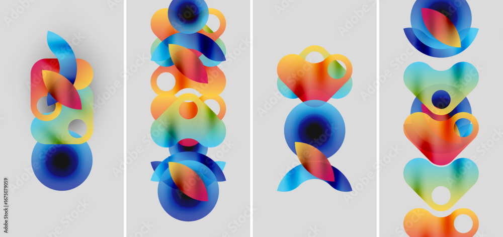 Poster abstract colorful shapes overlap, creating dynamic compositions. gradient hues blend, forming fluid 