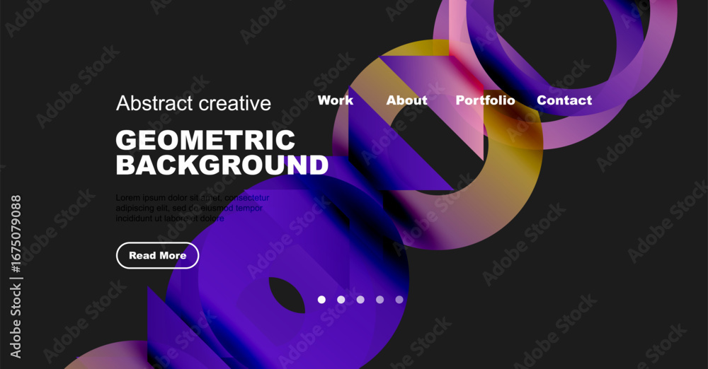 Poster dark website mockup displays colorful abstract shapes, text, navigation menu. modern design promotes