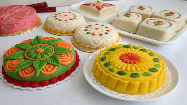 realistic colorful designs of Assamese pitha sweet rice cakes, white background, no text
