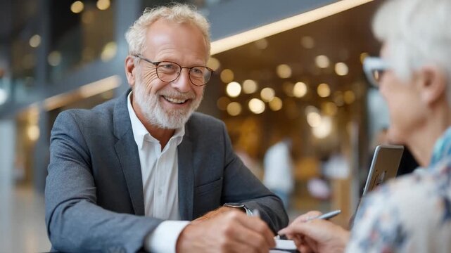 Client Meeting: Focused shot of a senior gentleman and woman consulting, the image exudes professionalism, building rapport, and a collaborative environment.