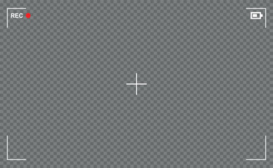 Vizor, optical camera sight flat picture. Recording camera screen template. Video record screenshot eps 10 vector illustration. Battery, REC, focus, viewfinder indicator sample image.
