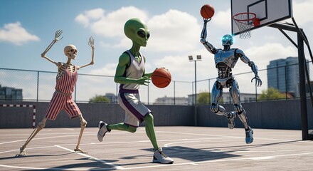 An alien, skeleton and robot are playing together basketball