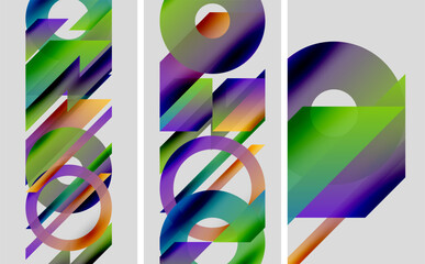 Abstract geometric artwork. Vibrant colors blend, creating dynamic shapes. Three panels offer modern visual experience.