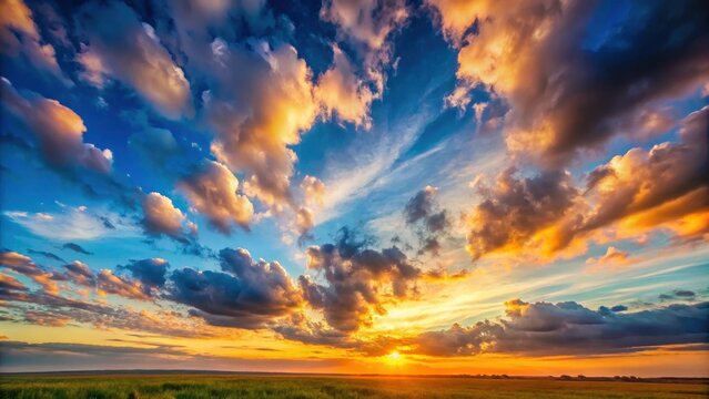 Serene blue sky with puffy white clouds and orange hues of sunset on a vast landscape
