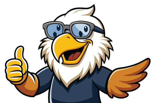 Cool eagle mascot giving thumbs up and showing excitement with glasses and stylish shirt