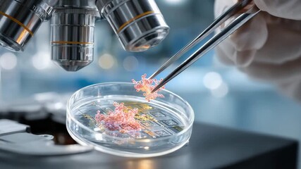 Scientific Scrutiny: A close-up view of a scientist's gloved hand carefully examines a biological sample under the lens of a microscope, set against a sterile lab setting.