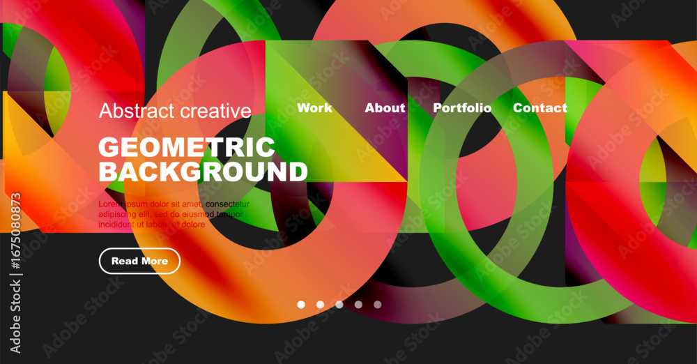 Poster vibrant abstract design features colorful overlapping shapes. website header includes navigation opt