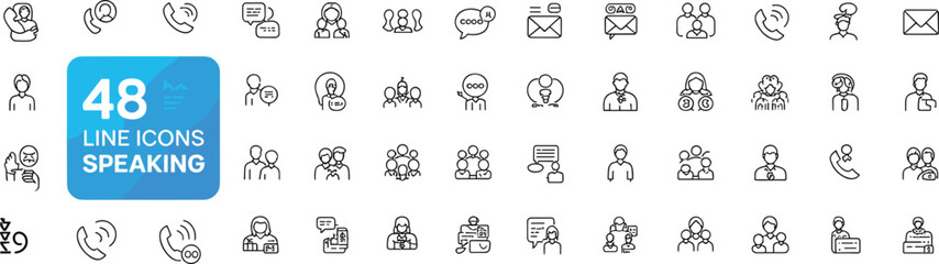 48 line icons speaking, communication, conversation, call, chat, message, business, teamwork, customer support, meeting, discussion, talk, group, phone, email, people, outline, minimal
