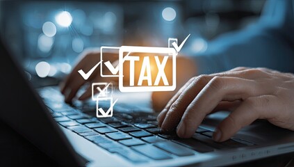 Hands typing on a laptop with a TAX graphic overlay