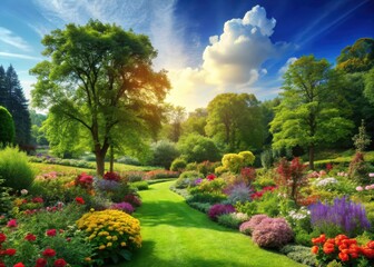 Obraz premium Lush greenery with vibrant flowers and towering trees stretching towards the sky in a serene landscape