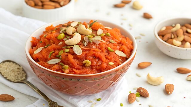 realistic colorful designs of gajar ka halwa garnished with nuts, white background, no text