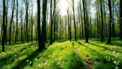Obraz premium 春の穏やかな太陽の光が降り注ぐ森