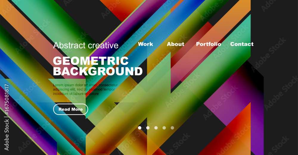 Poster bright geometric background features colorful overlapping shapes. website header includes navigation