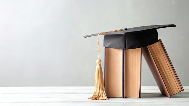 Education industry trends in shifting to online learning concept. Graduation cap atop stacked books symbolizes academic achievement.