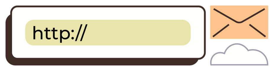 Search bar with http text, orange email envelope, and white cloud icon. Ideal for email, communication, internet browsing, digital marketing, online services, data storage simple flat metaphor