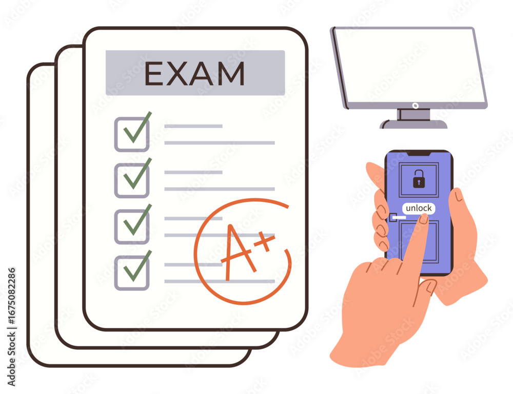 Aufkleber exam paper with checkbox list, a mark, smartphone unlocking for secure e-learning, desktop screen. i