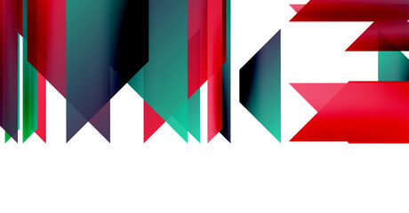 Abstract geometric shapes form letters. Red, green, navy dominate color scheme. Minimalist design with white background.