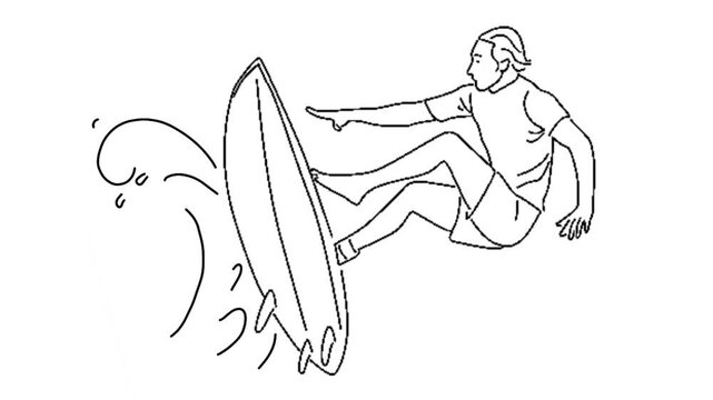 line art animation of surfer in action riding the waves
