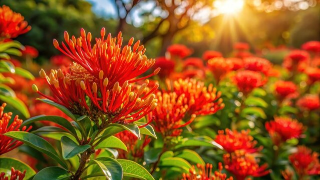 Red firebush flowers blooming in a vibrant garden with full sun exposure