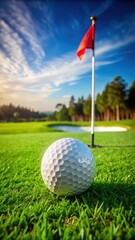 Obraz premium Close-Up of a Golf Ball on Lush Green Grass with a Flag in the Background on Golf Course