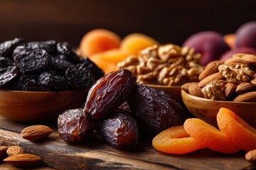 Obraz premium Dried fruits and nuts on a wooden surface
