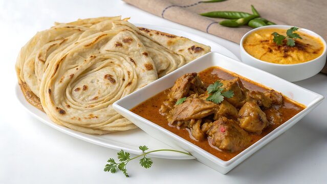realistic colorful designs of Malabar parotta with chicken curry, white background, no text