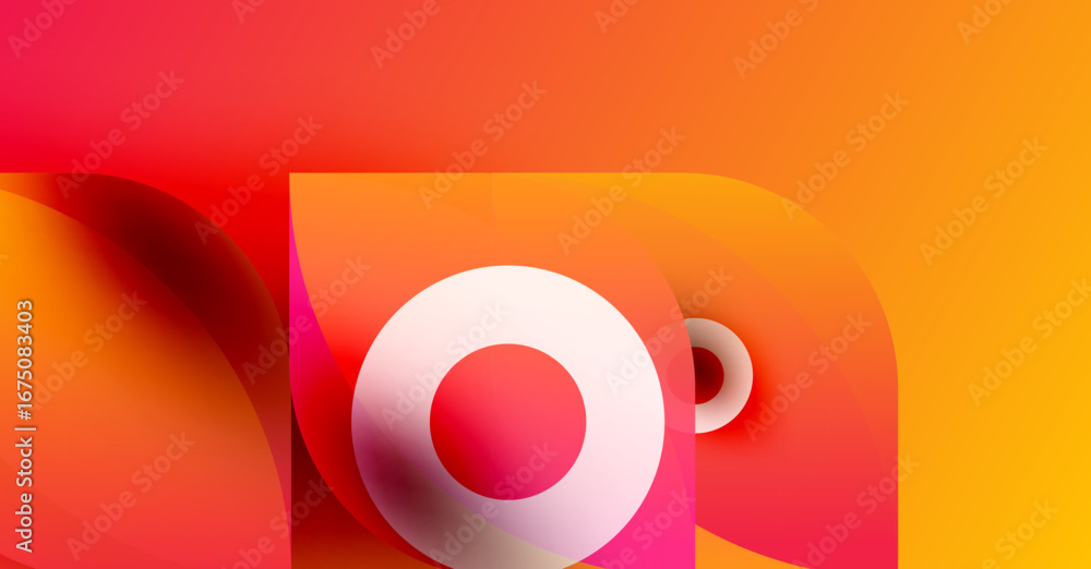 Poster abstract design features overlapping orange, pink layers. white circle dominates center, creating dy