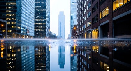 Obraz premium Rainy City Street Reflecting Tall Buildings in Wet Puddles