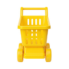 Fototapeta premium A bright yellow plastic toy shopping cart with a handle and wheels, designed for children imaginative play and simulating grocery shopping.